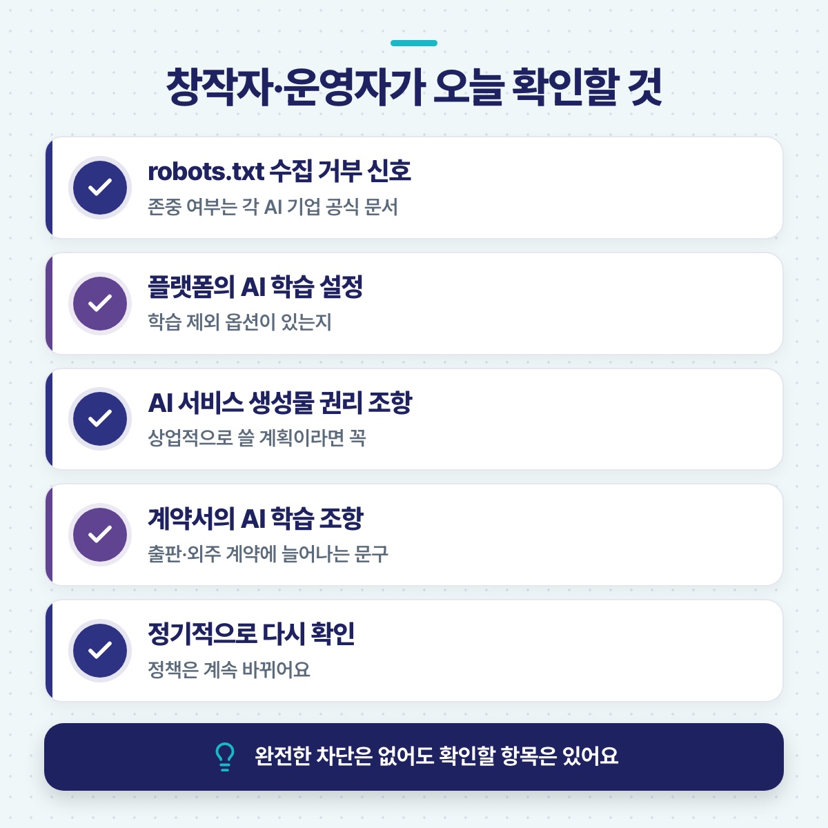 창작자·운영자 확인 목록 — robots.txt, 플랫폼 학습 설정, 생성물 권리, 계약서 조항, 정기 재확인 다섯 항목 체크리스트